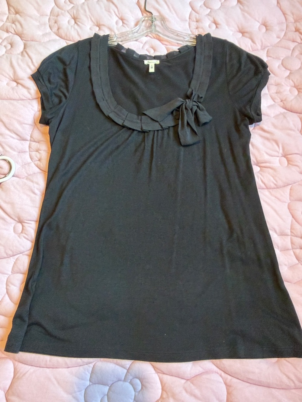 Black Short-Sleeve Scoop Neck Top with Bow Detail